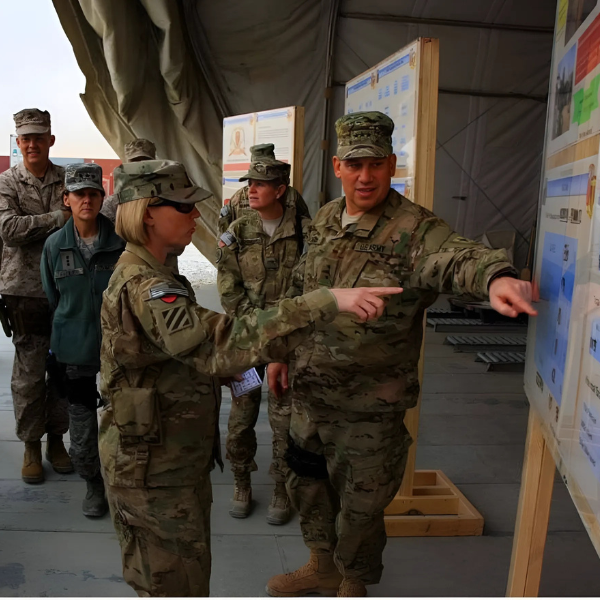 Michelle confers with another military officer about strategy.