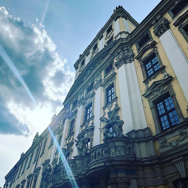 The sun strikes a building in Wroclaw, Poland